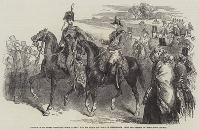विंबलडन कॉमन (उत्कीर्णन) की समीक्षा से हिज रॉयल हाइनेस प्रिंस अल्बर्ट और हिज ग्रेस द ड्यूक ऑफ वेलिंगटन की वापसी द्वारा अंग्रेजी स्कूल
