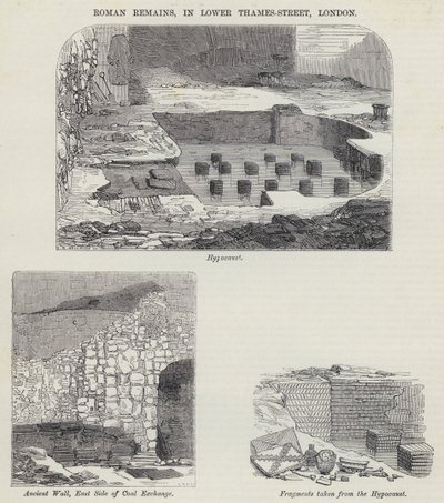 रोमन अवशेष, लोअर टेम्स-स्ट्रीट, लंदन में (उत्कीर्णन) द्वारा अंग्रेजी स्कूल