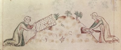 रॉय 2 बी VII f.155v एक महिला एक खरगोश को जाल और एक फेरेट के साथ पकड़ती है, #39;क्वीन मैरी साल्टर#39; से, c.1310-20 (वेल्लम) द्वारा अंग्रेजी स्कूल