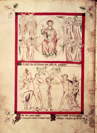 रॉय 2 बी VII f.3v संगीतकार स्वर्गदूतों से घिरे एक मंडोरला में भगवान, ईव का प्रलोभन, क्वीन मैरी स्तोत्र से, c.1310-20 (वेल्लम) द्वारा अंग्रेजी स्कूल