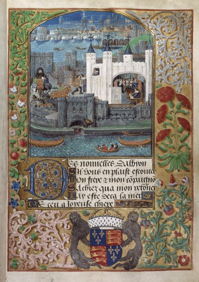 रॉयल 16 एफ. II, f.73 लंदन का टॉवर, पीछे लंदन ब्रिज। चार्ल्स, ड्यूक ऑफ ऑरलियन्स, लिखते हुए, खिड़की पर खड़े होकर आंगन में एक पत्र भेजते हुए दिखाई दे रहे हैं द्वारा अंग्रेजी स्कूल