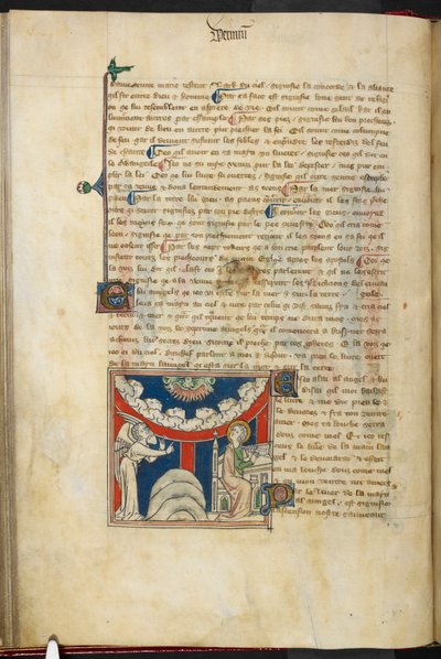 रॉयल 19 बी.XV, f.17v एक सिंह का मुंह और बादलों के एक उल्टे चाप पर छह सिर सात गर्जनों का प्रतिनिधित्व करते हैं: नीचे, बाईं ओर, देवदूत, और दाईं ओर, जॉन पुस्तक में लिखने वाला है, #39;द क्वीन मैरी एपोकैलिप्स#39; से, इंग्लिश स्कूल (14वीं शताब्दी) द्वारा अंग्रेजी स्कूल