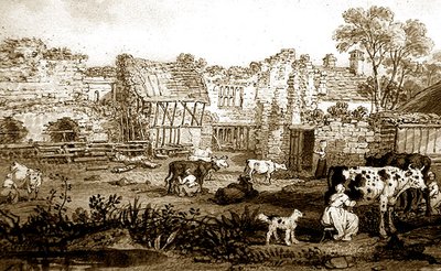 दूध देने वाली गायों के साथ बर्बाद मनोर घर, c.1800 (कागज पर कलम और सीपिया स्याही) द्वारा अंग्रेजी स्कूल