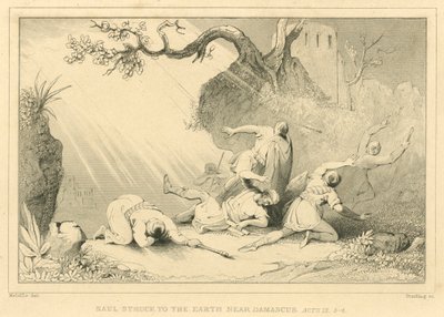 शाऊल ने दमिश्क के पास पृथ्वी पर प्रहार किया, प्रेरितों के काम IX, 3-4 (उत्कीर्णन) द्वारा अंग्रेजी स्कूल