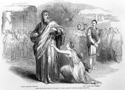 1847 में लंदन के हर्जे मेजेस्टीज़ थियेटर में ओपेरा नोर्मा से दृश्य द्वारा अंग्रेजी स्कूल