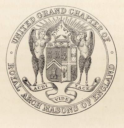 1817 में थॉमस सी। जैक, लन्दन, 1883 द्वारा प्रकाशित &39;द हिस्ट्री ऑफ़ फ्रीमेसनरी, खंड II&39; से इंग्लैंड के रॉयल आर्च राजमिस्त्री के संयुक्त महा अध्याय की मुहर द्वारा अंग्रेजी स्कूल