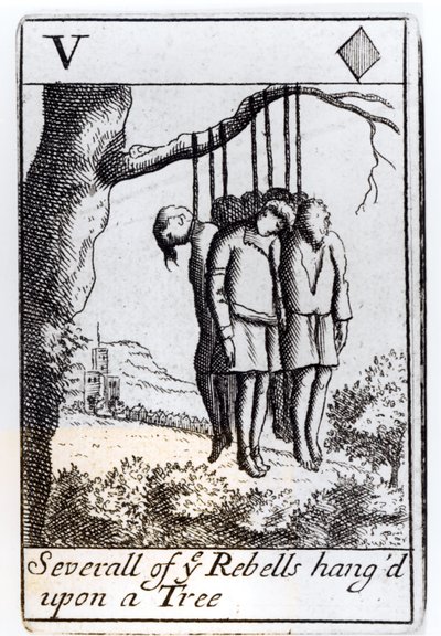 कई विद्रोहियों ने एक पेड़ से लटका दिया, 1685 में मोनमाउथ विद्रोह के स्मरण में एक सेट से पांच दिल ताश का खेल द्वारा अंग्रेजी स्कूल