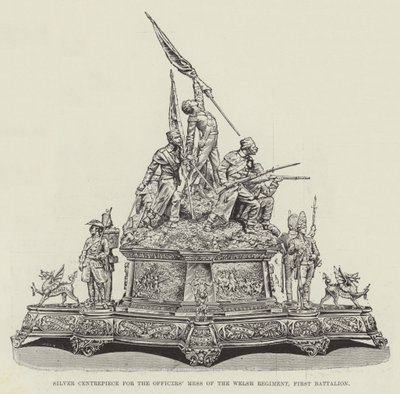 वेल्श रेजिमेंट के ऑफिसर्स मेस के लिए सिल्वर सेंटरपीस, फर्स्ट बटालियन (उत्कीर्णन) द्वारा अंग्रेजी स्कूल