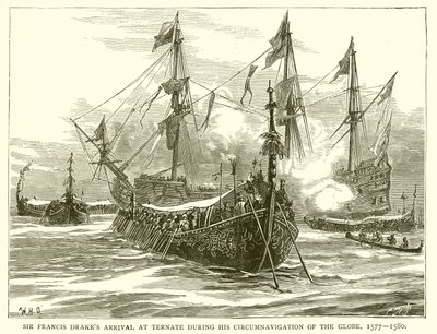 1577--1580 के ग्लोब के अपने पूर्वनिर्देशन के दौरान सर फ्रांसिस ड्रेक्स टरनेट पहुंचे द्वारा अंग्रेजी स्कूल