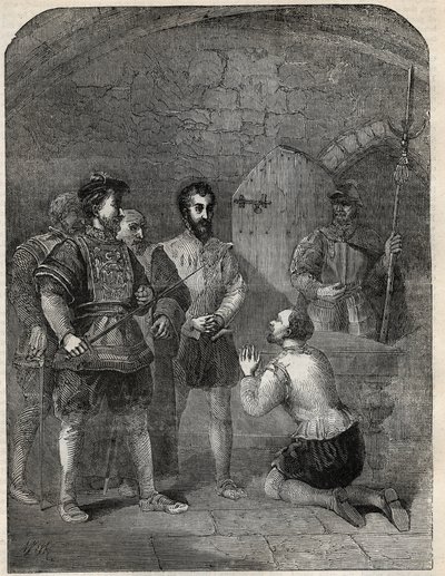 सर थॉमस व्याट द यंगर (१५२१-१५५४), निष्पादन के रास्ते पर, राजकुमारी एलिजाबेथ और कर्टेने को उनके विद्रोह में भाग लेने से पूरी तरह से बरी कर दिया - १५५४ - कैसेल पेटर और गैलपिन द्वारा "" इंग्लैंड के इतिहास" से उत्कीर्ण द्वारा अंग्रेजी स्कूल
