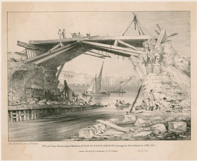 1831, 1832 में अपने विध्वंस के दौरान ओल्ड लंदन ब्रिज का स्केच द्वारा अंग्रेजी स्कूल