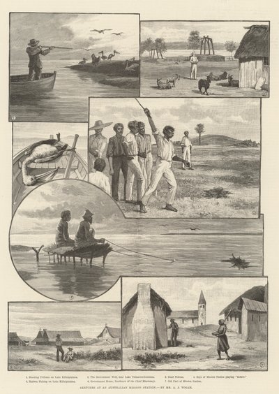 एक ऑस्ट्रेलियाई मिशन स्टेशन पर रेखाचित्र (उत्कीर्णन) द्वारा अंग्रेजी स्कूल