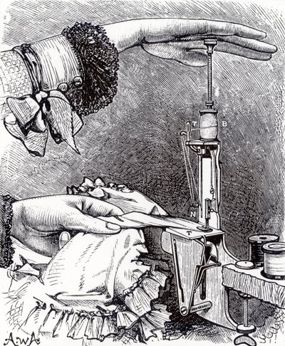 छोटी लॉकस्टीच सिलाई मशीन, आठ इंच लंबी, 8 औंस वजनी, कैसल्स फैमिली मैगज़ीन से, 1886 में प्रकाशित हुई द्वारा अंग्रेजी स्कूल