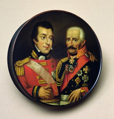 आर्थर वेलेस्ली (1769-1852) ड्यूक ऑफ वेलिंगटन और गेबर्ड लेब्रेच (1742-1819) फील्ड मार्शल, प्रिंस वॉन ब्लशर (चित्रित लकड़ी) के चित्रों के साथ स्नफ़ बॉक्स द्वारा English School