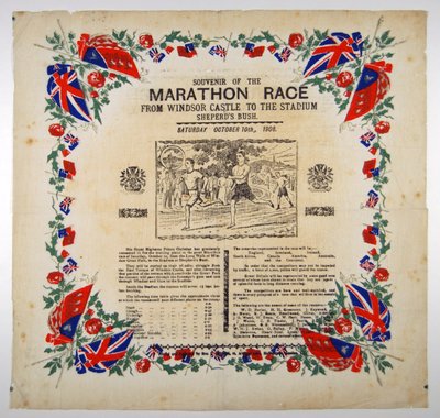 मैराथन दौड़ की स्मारिका विंडसर कैसल से स्टेडियम तक, शेफर्ड बुश, 1908 द्वारा अंग्रेजी स्कूल