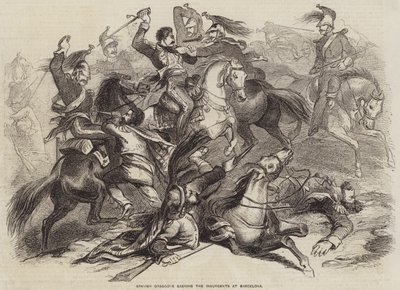 बार्सिलोना में विद्रोहियों को कुचलते हुए स्पेनिश ड्रैगून (उत्कीर्णन) द्वारा अंग्रेजी स्कूल
