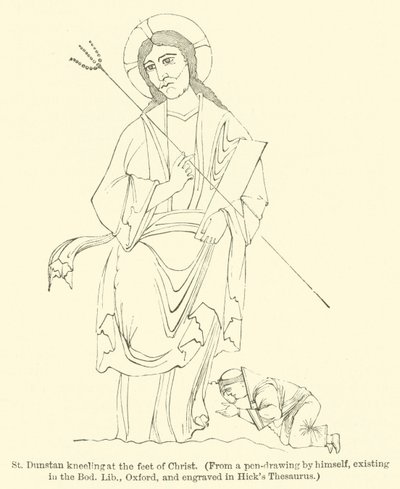 सेंट डंस्टन, बोड लिब, ऑक्सफ़ोर्ड में मौजूद एक पेन-ड्राइंग से, मसीह के चरणों में घुटने टेकते हुए, और हिक के थिसॉरस (उत्कीर्णन) में उकेरा गया था द्वारा अंग्रेजी स्कूल