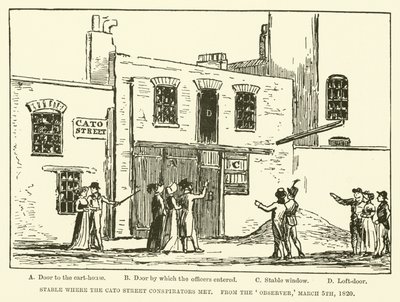 स्थिर जहां कैटो स्ट्रीट साजिशकर्ता मिले, ऑब्जर्वर से, 5 मार्च 1820 (उत्कीर्णन) द्वारा अंग्रेजी स्कूल