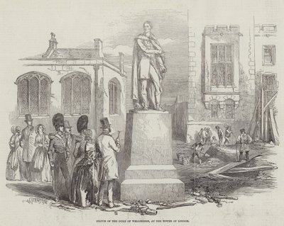 लंदन के टॉवर पर ड्यूक ऑफ वेलिंगटन की मूर्ति (उत्कीर्णन) द्वारा अंग्रेजी स्कूल