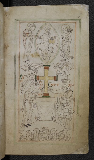 स्टोव 944 f.6 राजा कन्नट और उनकी रानी, एल्फगीफू, न्यू मिनस्टर की वेदी पर एक क्रॉस पेश करते हुए, #39;लिबर विटे#39;, सी.1031 (वेल्लम पर स्याही) द्वारा अंग्रेजी स्कूल
