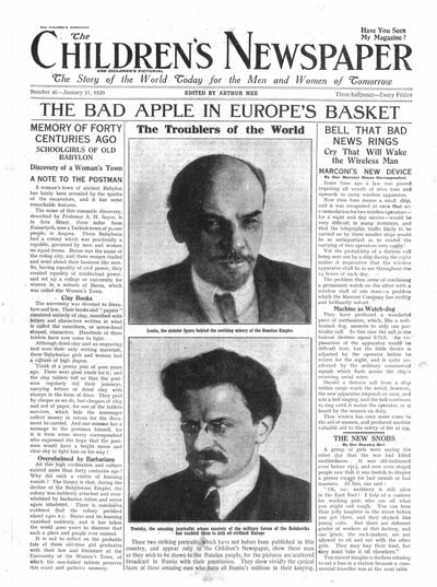 यूरोप की टोकरी में खराब सेब, &39;द चिल्ड्रन न्यूजपेपर&39; का फ्रंट पेज, 1920 जनवरी (न्यूज़प्रिंट) द्वारा अंग्रेजी स्कूल
