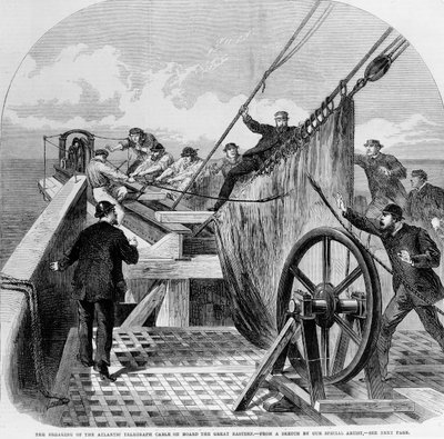 ग्रेट ईस्टर्न बोर्ड पर अटलांटिक टेलीग्राफ केबल का टूटना, 1865 (उत्कीर्णन) द्वारा अंग्रेजी स्कूल