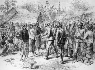द बर्मा अभियान: जनरल प्रेंडरगैस्ट का साक्षात्कार &39;द इलस्ट्रेटेड लंदन न्यूज&39; से बर्मी सेना के अधिकारियों और अवशेषों के साथ, 3 जून 1886 (उत्कीर्णन) द्वारा अंग्रेजी स्कूल