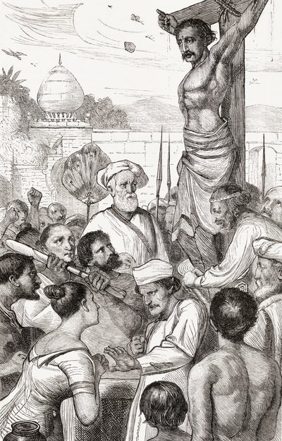 बर्मा के एक करेन शहीद का क्रूसीकरण, c.1865 (लकड़ी की नक्काशी) द्वारा अंग्रेजी स्कूल