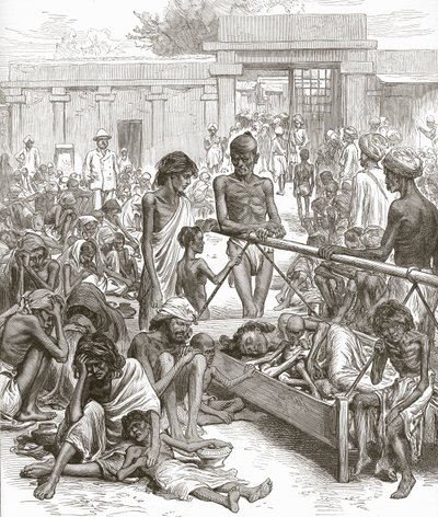 भारत में अकाल: बैंगलोर में मूल निवासी राहत की प्रतीक्षा में, अक्टूबर 1877। द्वारा अंग्रेजी स्कूल