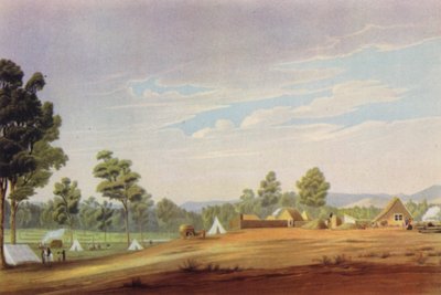 एडिलेड, दक्षिण ऑस्ट्रेलिया का पहला स्थल, c1837 (रंगीन लिथो) द्वारा अंग्रेजी स्कूल