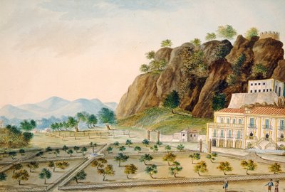 ला फ़ैरिटा या पलाज़ो सीनीज़, पलेर्मो में औपचारिक उद्यान, राजा फर्नांडो IV के लिए डिज़ाइन किया गया, c.1815 (कागज पर wc) द्वारा अंग्रेजी स्कूल