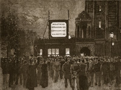 1892 का आम चुनाव: नेशनल लिबरल क्लब में परिणामों की घोषणा, कैसल्स इलस्ट्रेटेड हिस्ट्री ऑफ इंग्लैंड (सीपिया फोटो) से चित्रण द्वारा अंग्रेजी स्कूल