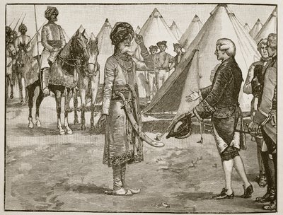 अंग्रेजी कैंप में 1765 में प्रवेश करने वाला द ग्रेट मोगुल, इंग्लैंड के कैसल्स इलस्ट्रेटेड हिस्ट्री से चित्रण (सीपिया फोटो) द्वारा अंग्रेजी स्कूल