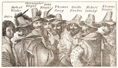 गनपाउडर प्लॉट Conspirators, एक 1606 उत्कीर्णन के बाद द्वारा अंग्रेजी स्कूल
