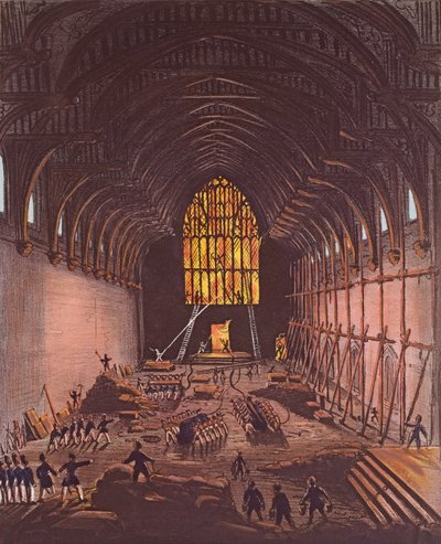 वेस्टमिंस्टर हॉल का इंटीरियर, 1834 (रंग उत्कीर्णन) द्वारा अंग्रेजी स्कूल