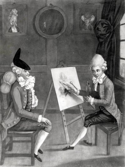 बॉल्स और कार्वर, 1772 (मेज़ोटोट) द्वारा प्रकाशित उनकी तस्वीर के लिए मकारोनी पेंटर या बिली डिंपल फिटिंग द्वारा अंग्रेजी स्कूल