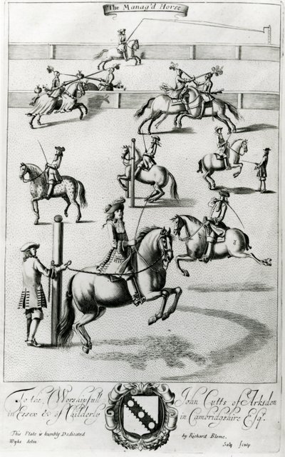 1686 में रिचर्ड ब्लोम द्वारा प्रकाशित &39;द जेंटलमैन रिक्रिएशन&39; से मैनागेड हॉर्स द्वारा अंग्रेजी स्कूल
