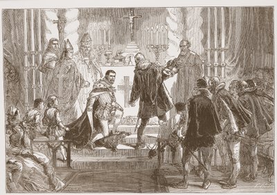 पोलैंड के मार्शल ने अंजु के ड्यूक से शपथ की मांग की, जेम्स एइटकेन वायली (1808-1890), पब द्वारा प्रोटेस्टेंटिज़्म के इतिहास से चित्रण। 1878 द्वारा अंग्रेजी स्कूल