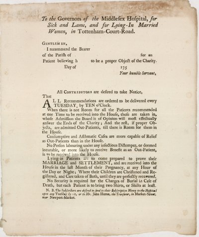 ऑक्सफोर्ड स्ट्रीट के पास मिडिलसेक्स अस्पताल। सिफारिश पत्र द्वारा अंग्रेजी स्कूल