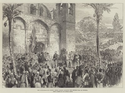 साइप्रस का व्यवसाय, ग्रीक पुजारी निकोसिया में ब्रिटिश ध्वज को आशीर्वाद देते हैं (उत्कीर्णन) द्वारा अंग्रेजी स्कूल