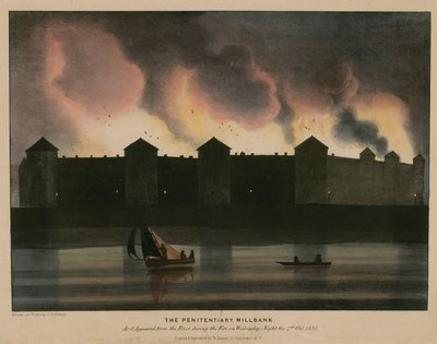 पेनिटेंटरी, मिलबैंक, लंदन, जैसा कि 7 अक्टूबर 1835 की रात को आग के दौरान नदी से प्रकट हुआ था द्वारा अंग्रेजी स्कूल
