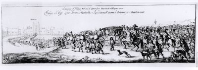चार्ल्स द्वितीय का जुलूस (1630-85) और उनकी न्यू क्वीन, कैथरीन ऑफ ब्रैगांज़ा (1638-1705) पोर्ट्समाउथ से हैम्पटन कोर्ट, 1662 द्वारा अंग्रेजी स्कूल