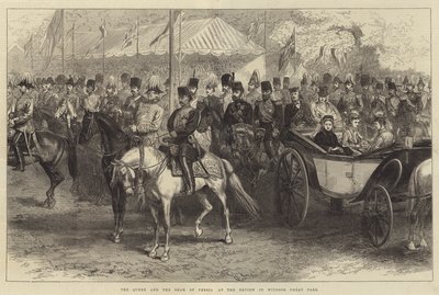 विंडसर ग्रेट पार्क (उत्कीर्णन) में समीक्षा में फारस की रानी और शाह द्वारा अंग्रेजी स्कूल