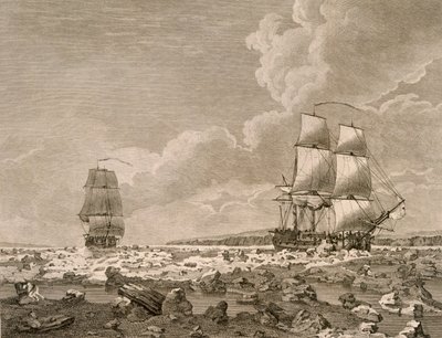 रेसोहर्स और शव बर्फ के माध्यम से जबरदस्ती, अगस्त 10, 1773, ए वॉयज टूवार्ड्स द नॉर्थ पोल अंडरटेकेन बाय हिज़ मैजेस्टिस कमांड 1773, प्रकाशित लंदन 1774 द्वारा अंग्रेजी स्कूल