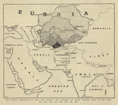 रशियन एनेक्सेशन ऑफ मर्व, मैप्स इन द रूम्स ऑफ एडवांस्स इन द इयर्स ऑफ इंडिया इन द इयर्स 1734, 1836, 1863, 1867, 1874, 1876, 1881, 1884 द्वारा अंग्रेजी स्कूल