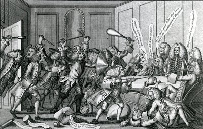 वार्विक-कैसल की घेराबंदी, या फैलो और लाइसेंसेट्स के बीच लड़ाई, 1768 द्वारा अंग्रेजी स्कूल