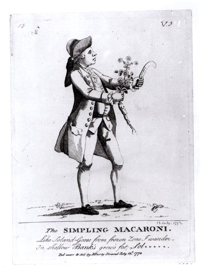 द सिंपलिंग मैकरोनी, पब। एन। डारली द्वारा, 13 जुलाई 1772 (उत्कीर्णन) (bw फोटो) द्वारा अंग्रेजी स्कूल
