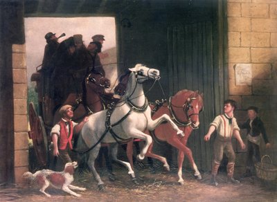द स्टेज अराइव्स, c.1830 द्वारा अंग्रेजी स्कूल