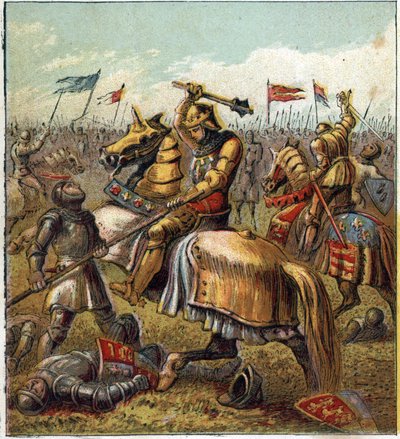 दो गुलाबों का युद्ध (1455-1485): यॉर्क के रॉयल हाउस और लैंकेस्टर के रॉयल मेसन के बीच लड़ाई। किंग एडवर्ड III (1327-1377) के उत्तराधिकारियों के दो शाखाओं में विभाजन से पैदा हुए अंग्रेजी गृहयुद्ध का चित्रण। रोजो का युद्ध द्वारा अंग्रेजी स्कूल