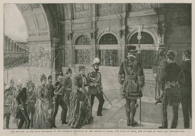 इम्पीरियल इंस्टीट्यूट ऑफ प्रिंस ऑफ वेल्स, ड्यूक ऑफ यॉर्क, डचेस ऑफ टेक और प्रिंसेस मे के मुख्य द्वार पर आगमन द्वारा अंग्रेजी स्कूल
